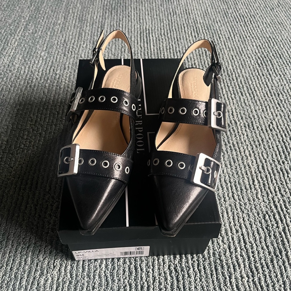 Liverpool Black Leather Buckle Slingback Flats